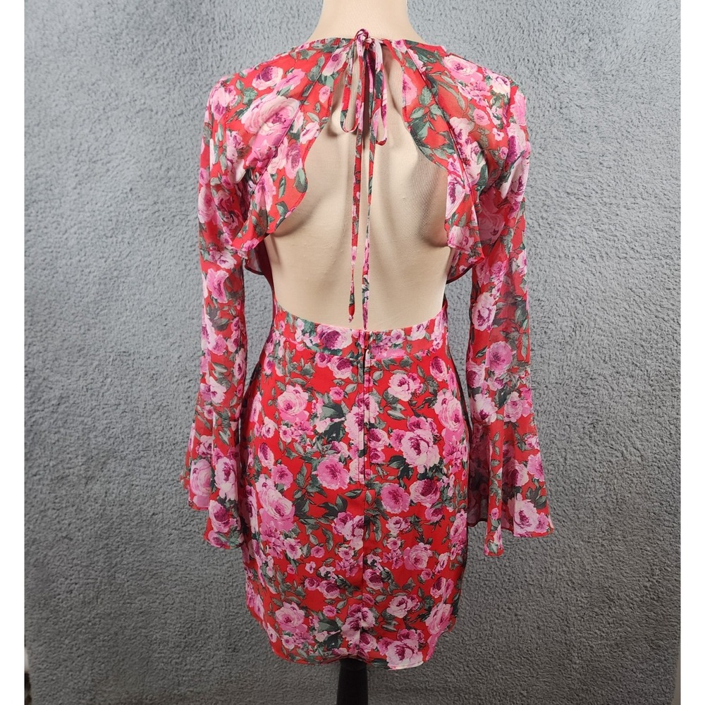 B. Darlin Mini Dress Sz 5/6 Red Pink Floral Bell Sleeve Coquette Romantic Party